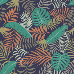 Tropical background with palm leaves. Seamless floral pattern. Summer vector illustration. Flat jungle print