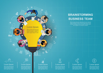 Business meeting and brainstorming. Idea and business concept for teamwork. Vector illustration infographic template with people, team, light bulb and icon.Print