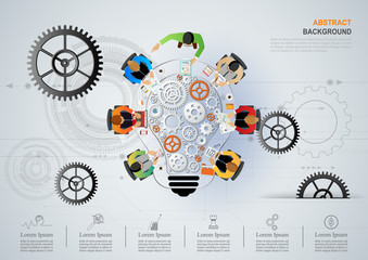 Business meeting and brainstorming. Idea and business concept for teamwork. Vector illustration infographic template with people, team, light bulb and icon.Print