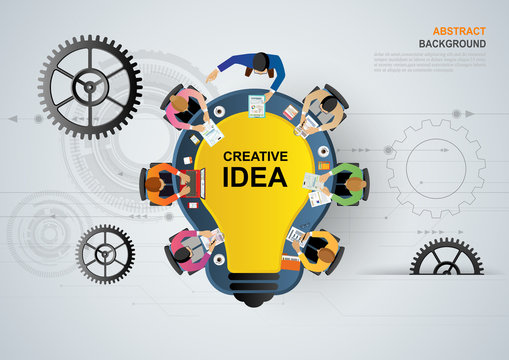 Business meeting and brainstorming. Idea and business concept for teamwork. Vector illustration infographic template with people, team, light bulb and icon.Print