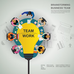 Business meeting and brainstorming. Idea and business concept for teamwork. Vector illustration infographic template with people, team, light bulb and icon.Print