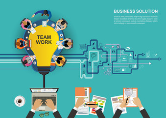 Business meeting and brainstorming. Idea and business concept for teamwork. Vector illustration infographic template with people, team, light bulb and icon.Print