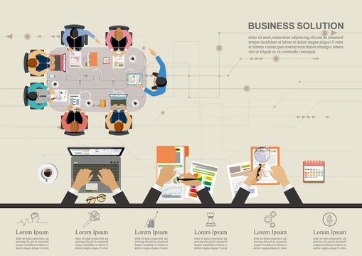 Business meeting and brainstorming. Idea and business concept for teamwork. Vector illustration infographic template with people, team, light bulb and icon.Print