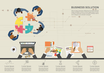 Business meeting and brainstorming. Idea and business concept for teamwork. Vector illustration infographic template with people, team, light bulb and icon.Print
