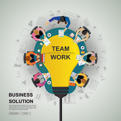 Business meeting and brainstorming. Idea and business concept for teamwork. Vector illustration infographic template with people, team, light bulb and icon.Print