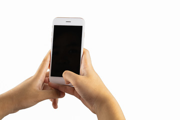 Smartphones with an isolated black screen for website or product mock up in woman hand on white background with clipping path.