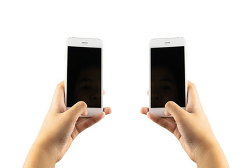 Two smartphones with an isolated black screen for website or product mock up in woman hand.  