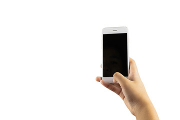 Fototapeta na wymiar Smartphones with an isolated black screen for website or product mock up in woman hand on white background with clipping path.