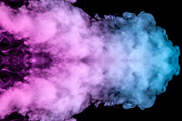 Fototapeta na wymiar A multi-colored pattern of purple and blue smoke of a mystical shape in the form of a ghost's head or a strange creature on a black isolated background. Abstract pattern in of waves and steam.