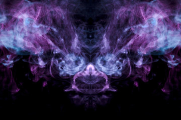 A multi-colored pattern of purple and blue smoke of a mystical shape in the form of a ghost's head or a strange creature on a black isolated background. Abstract pattern in of waves and steam.
