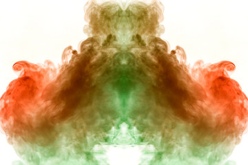 Water-smoky substance on a white background of fiery orange and green color in the form of the head of a mystical ghost with distinct eyes. T-shirt print.