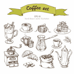 Vector Graphics Vintage illustration drawn by hand for the cafe menu. set with different types of coffee grinders, Turks, coffee beans, chocolate, biscuits, coffee pot