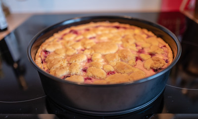 fresh cherry crumb cake, shallow depth of field