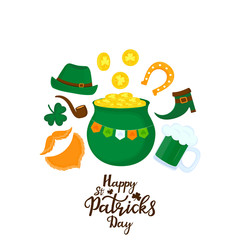 Happy St. Patrick's Day banner. A pot of gold, a leprechaun's beard, a horseshoe for good luck, a shamrock, a green hat