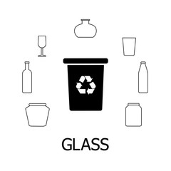 Collection of black and white icons of glass waste. Glass garbage and bin with recycling marc. Vector concept