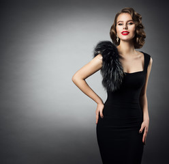Retro Fashion Model Portrait, Woman Old Fashioned Beauty Portrait, Hairstyle Makeup, Vintage Black Fur Dress