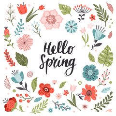 Bright and colorful hand-drawn Spring set. Many cute and beautiful flowers. Vector illustration. Great for a sell-out, banner, frame, website, landing page, flyer, postcard, print or email.