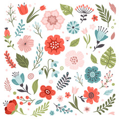 Set of cute hand-drawn Spring flowers. Many bright and beautiful flowers. Vector illustration. Great for a sell-out, banner, frame, website, landing page, flyer, postcard, print or email.