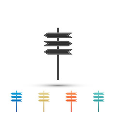 Road traffic sign. Signpost icon on white background. Pointer symbol. Blank board with place for text. Isolated street information sign. Direction sign. Set elements in color icon. Vector Illustration