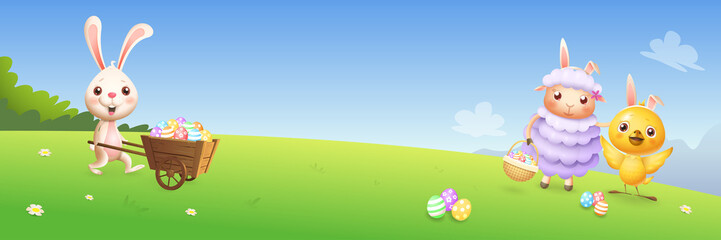 Easter banner - bunny chicken and lamb hunting eggs on spring landscape background - banner vector illustration