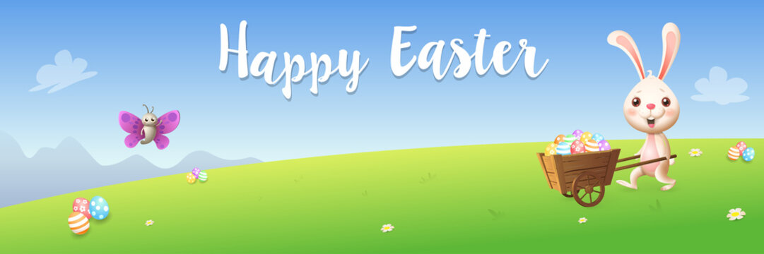 Easter banner - bunny and butterfly with carrying cart hunting eggs - spring landscape background