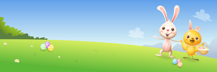Easter bunny and chicken hunting eggs - spring landscape background banner vector illustration