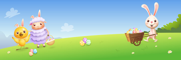 Easter bunny chicken and lamb hunting eggs - spring landscape background - banner vector illustration