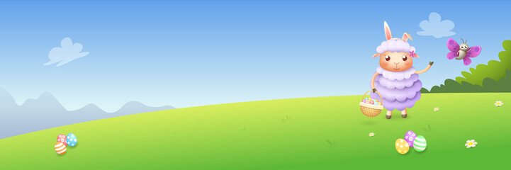 Easter lamb and butterfly hunting eggs - spring landscape background - banner vector illustration