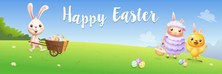 Happy Easter banner - bunny chicken and lamb hunting eggs on spring landscape background
