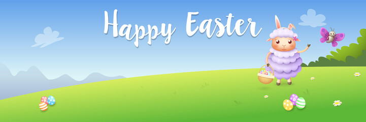 Happy Easter banner - lamb and butterfly hunting eggs - spring landscape background vector illustration