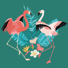 Couple of flamingo standing on tropical leaves