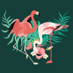 Couple of flamingo standing on tropical leaves