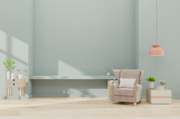 Modern minimalist interior with an armchair on empty blue wall background. 3D rendering