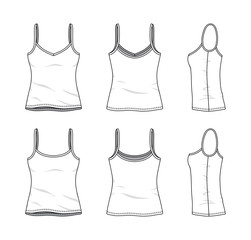 Blank clothing templates of women strapless top, camisole in front, side, back views. Vector illustration isolated on white background. Technical fashion drawing set.