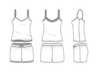 Blank clothing templates of women camisole and sports short set in front, side, back views. Vector illustration isolated on white background. Technical fashion drawing set.