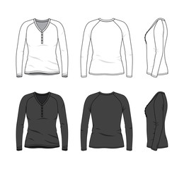 Blank clothing templates of raglan long sleeved button tee in front, side, back views. Vector illustration isolated on white background. Technical fashion drawing set.