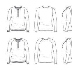 Blank clothing templates of women long sleeve button tee, shirt set in front, side, back views. Vector illustration isolated on white background. Technical fashion drawing set. - 248452750