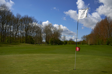 Obraz premium Landscape of a beautiful golf course with greens and holes and bunkers