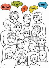 illustration of a group of Children and teenagers with speech clouds of different foreign languages. hand drawn vector illustration