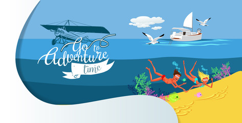 Cartoon cute couple swimming in summer sea