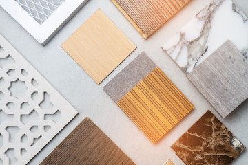 samples of material, wood , on concrete table.Interior design select material for idea.