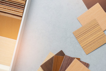 samples of material, wood , on concrete table.Interior design select material for idea.