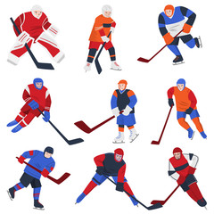 Fototapeta na wymiar Set of hockey players with puck and putters isolated on white background