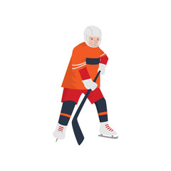 Brave hockey player in a red-orange uniform and a protective mask with a stick in his hands