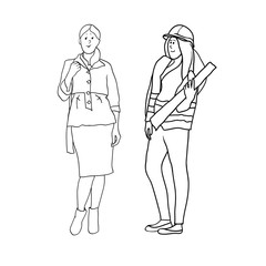 Set of black and white line drawings in the vector, female figures, women's profession