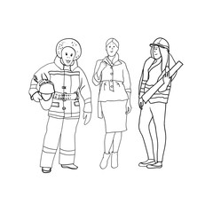 Set of black and white line drawings in the vector, female figures, women's profession