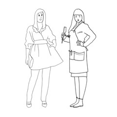 Set of black and white line drawings in the vector, female figures, women's profession