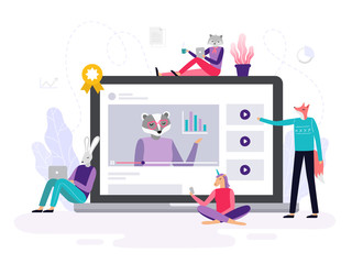 Abstract animals learning using laptops, watching online video course and discuss it. Background or banner for site or landing page with a distance course theme. Vector illustration