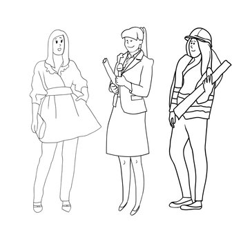 Set of black and white line drawings in the vector, female figures, women's profession