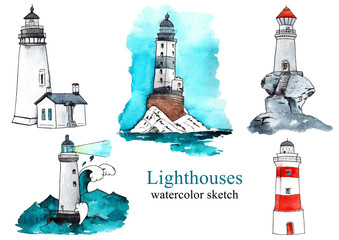Lighthouses set watercolor sketch